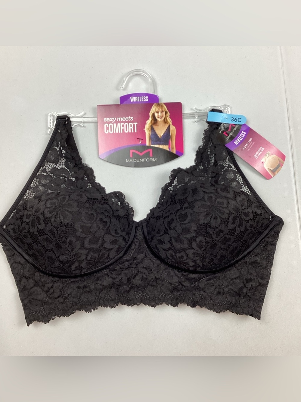 Maidenform Wireless Longline Convertible Black Lace Bra 36C NEW! Retail $42